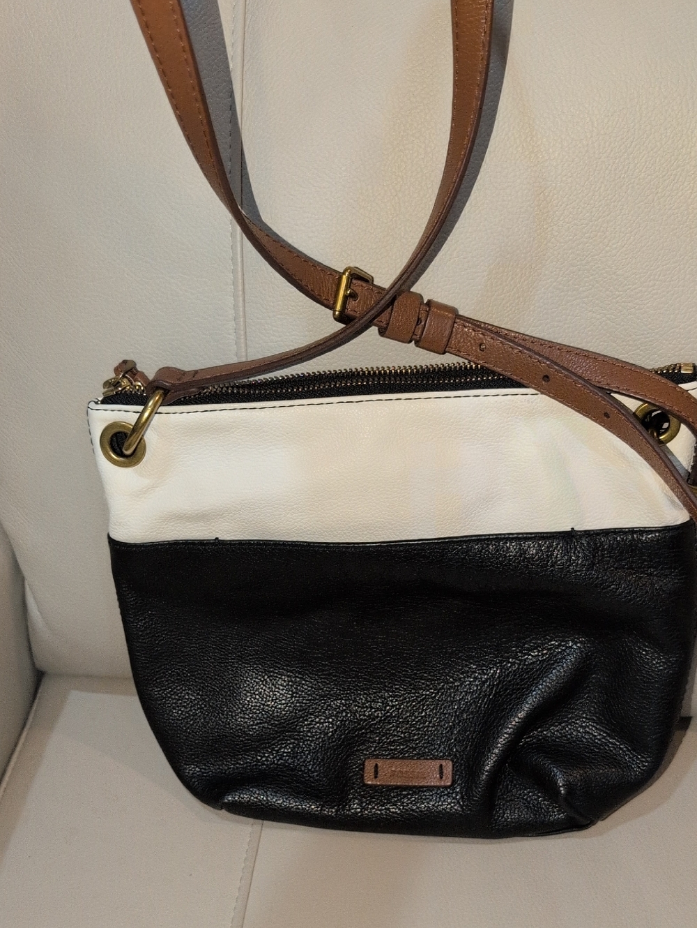 Fossil Keeley Leather Crossbody Bag - Black & White with Tan Strap